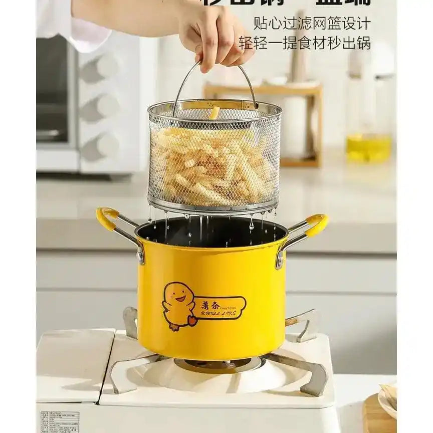 2L Deep Fryer Pot with Strainer Basket & Glass Lid – Non-Stick Yellow Frying Pot for Home Cooking